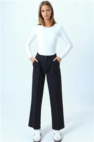 Kadın Siyah Çift Cepli Düğme Kapamalı Palazzo Pantolon VS01075