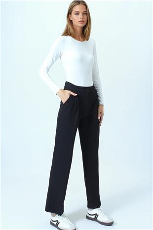 Kadın Siyah Çift Cepli Düğme Kapamalı Palazzo Pantolon VS01075
