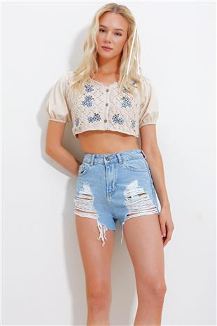 Kadın Mavi Çift Cepli Eskitme Yıkamalı Mini Şort ALC-X11972