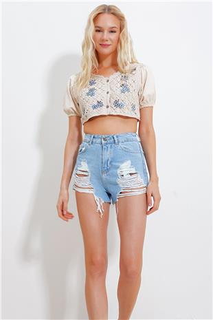 Kadın Mavi Çift Cepli Eskitme Yıkamalı Mini Şort ALC-X11972