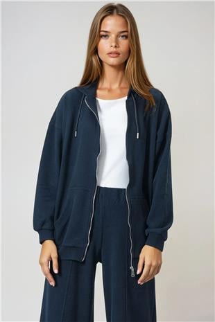 Kadın Lacivert Çift Cepli Fermaur Kapamalı Kapüşonlu Hırka VS01015