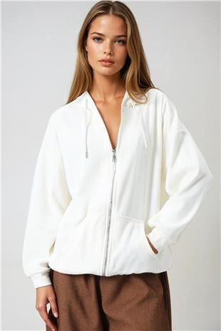 Kadın Ekru Çift Cepli Fermaur Kapamalı Kapüşonlu Hırka VS01015