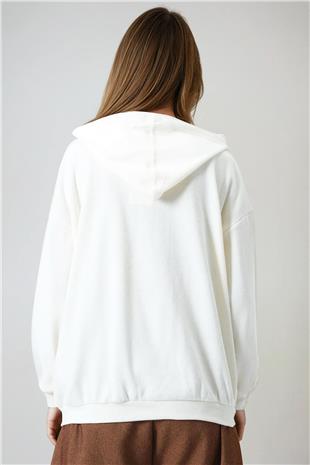 Kadın Ekru Çift Cepli Fermaur Kapamalı Kapüşonlu Hırka VS01015