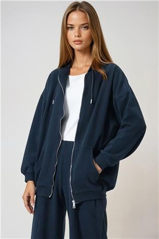 Kadın Lacivert Çift Cepli Fermaur Kapamalı Kapüşonlu Hırka VS01015