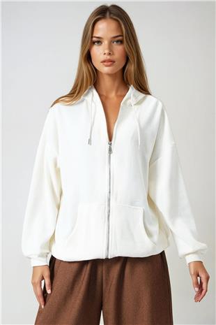 Kadın Ekru Çift Cepli Fermaur Kapamalı Kapüşonlu Hırka VS01015