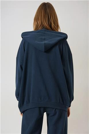 Kadın Lacivert Çift Cepli Fermaur Kapamalı Kapüşonlu Hırka VS01015