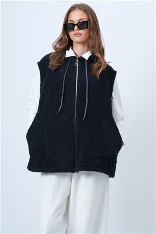 Kadın Siyah Çift Cepli Fermuar Kapamalı Peluş Yelek VS01334
