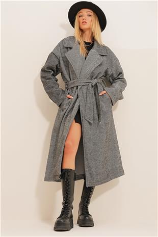 Kadın Antrasit Çift Cepli İçi Astarsız Kendinden Kemerli Kaşe Kaban ALC-X12511