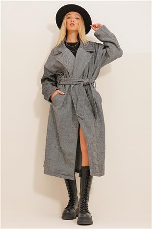 Kadın Antrasit Çift Cepli İçi Astarsız Kendinden Kemerli Kaşe Kaban ALC-X12511