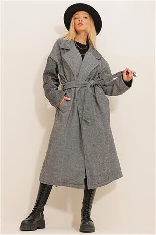 Kadın Antrasit Çift Cepli İçi Astarsız Kendinden Kemerli Kaşe Kaban ALC-X12511