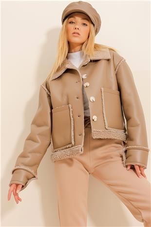 Kadın Bej Çift Cepli İçi Kürklü Suni Deri Mont ALC-X11067