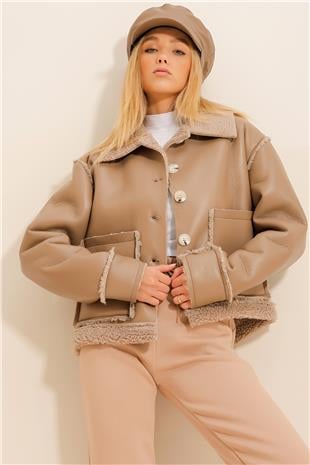 Kadın Bej Çift Cepli İçi Kürklü Suni Deri Mont ALC-X11067