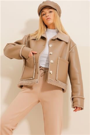 Kadın Bej Çift Cepli İçi Kürklü Suni Deri Mont ALC-X11067