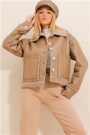 Kadın Bej Çift Cepli İçi Kürklü Suni Deri Mont ALC-X11067