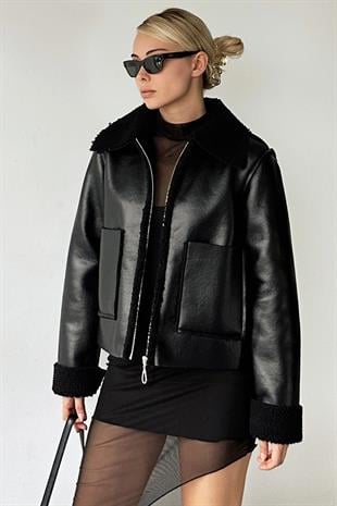 Kadın Siyah Çift Cepli İçi Suni Kürklü Suni Deri Biker Ceket PRM0408