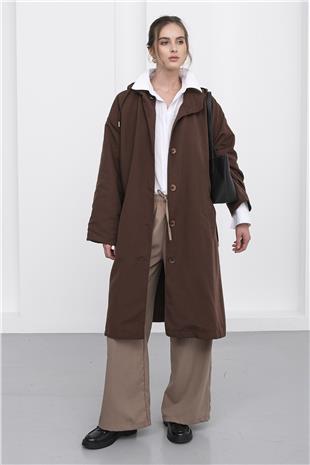 Kadın Kahverengi Çift Cepli Kapüşonlu Düğme Kapamalı Trençkot VS01238