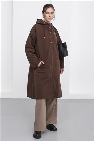 Kadın Kahverengi Çift Cepli Kapüşonlu Düğme Kapamalı Trençkot VS01238