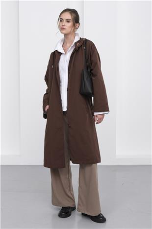 Kadın Kahverengi Çift Cepli Kapüşonlu Düğme Kapamalı Trençkot VS01238