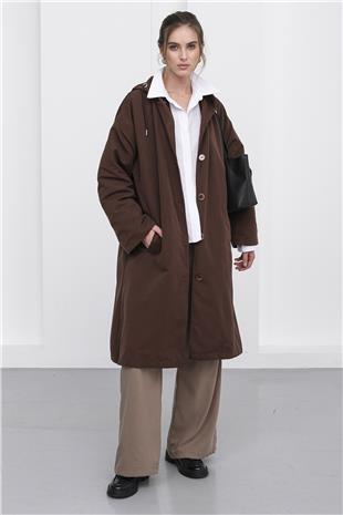 Kadın Kahverengi Çift Cepli Kapüşonlu Düğme Kapamalı Trençkot VS01238