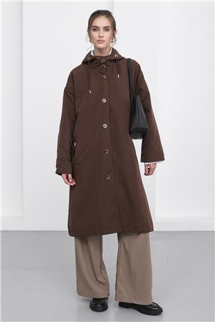 Kadın Kahverengi Çift Cepli Kapüşonlu Düğme Kapamalı Trençkot VS01238