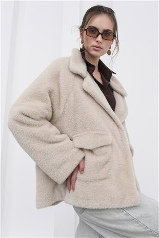 Kadın Bej Çift Cepli Kruvaze Yaka Yumoş Ceket VS01237