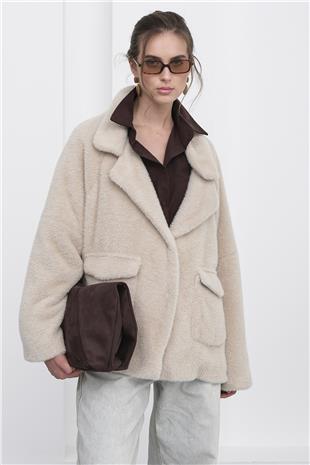 Kadın Bej Çift Cepli Kruvaze Yaka Yumoş Ceket VS01237