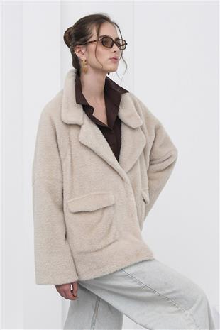 Kadın Bej Çift Cepli Kruvaze Yaka Yumoş Ceket VS01237