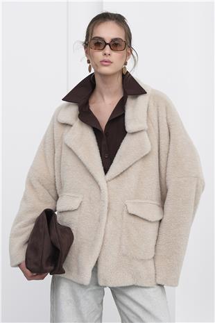 Kadın Bej Çift Cepli Kruvaze Yaka Yumoş Ceket VS01237
