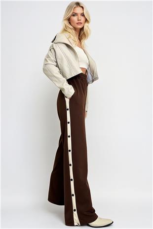 Kadın Kahverengi Çift Cepli Lastikli Yanları Şeritli Wide Leg Pantolon ALC-X12713