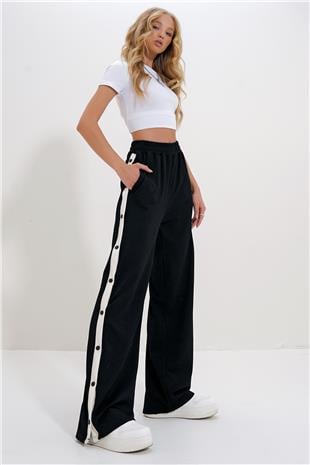 Kadın Siyah Çift Cepli Lastikli Yanları Şeritli Wide Leg Pantolon ALC-X12713