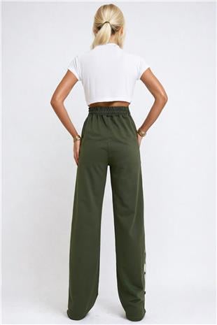 Kadın Haki Çift Cepli Lastikli Yanları Şeritli Wide Leg Pantolon ALC-X12713