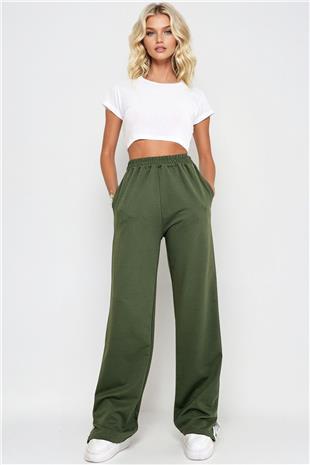 Kadın Haki Çift Cepli Lastikli Yanları Şeritli Wide Leg Pantolon ALC-X12713