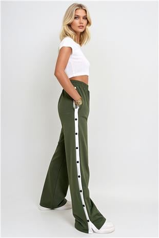 Kadın Haki Çift Cepli Lastikli Yanları Şeritli Wide Leg Pantolon ALC-X12713