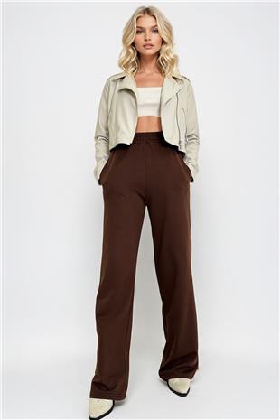 Kadın Kahverengi Çift Cepli Lastikli Yanları Şeritli Wide Leg Pantolon ALC-X12713