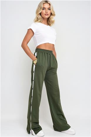 Kadın Haki Çift Cepli Lastikli Yanları Şeritli Wide Leg Pantolon ALC-X12713