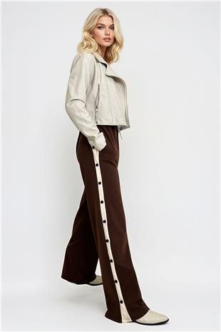 Kadın Kahverengi Çift Cepli Lastikli Yanları Şeritli Wide Leg Pantolon ALC-X12713
