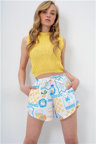 Kadın Beyaz Çift Cepli Multi Desenli Kendinden Bağlamalı Beach Şort ALC-X14135
