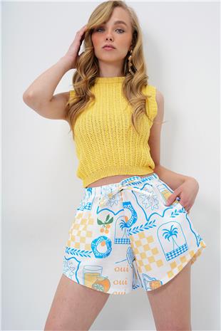 Kadın Beyaz Çift Cepli Multi Desenli Kendinden Bağlamalı Beach Şort ALC-X14135