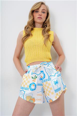 Kadın Beyaz Çift Cepli Multi Desenli Kendinden Bağlamalı Beach Şort ALC-X14135
