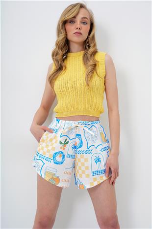 Kadın Beyaz Çift Cepli Multi Desenli Kendinden Bağlamalı Beach Şort ALC-X14135