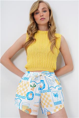 Kadın Beyaz Çift Cepli Multi Desenli Kendinden Bağlamalı Beach Şort ALC-X14135