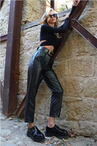 Kadın Siyah Çift Cepli Önü Çimalı Deri Pantolon ALC-X14514