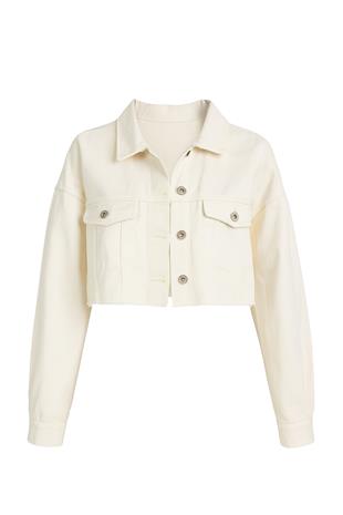 Kadın Beyaz Çift Cepli Önü Düğmeli Lazer Kesim Crop Jean Ceket ALC-X9818