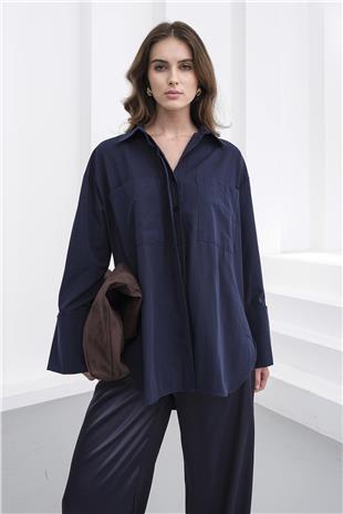 Kadın Lacivert Çift Cepli Oversize Basic Gömlek VS01235