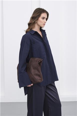 Kadın Lacivert Çift Cepli Oversize Basic Gömlek VS01235