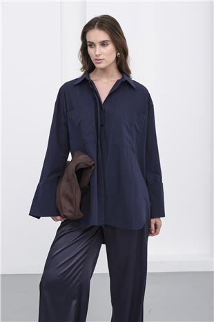 Kadın Lacivert Çift Cepli Oversize Basic Gömlek VS01235