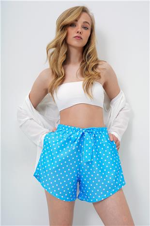 Kadın Mavi Çift Cepli Puantiye Desenli Kendinden Bağlamalı Beach Şort ALC-X14136