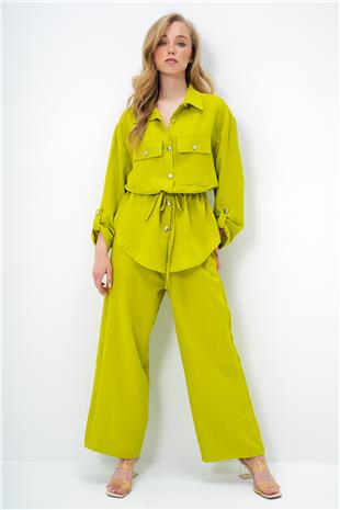 Kadın Yağ Yeşili Çift Cepli Safari Ceket Ve Beli Lastikli Wide Leg Aerobin Pantolonlu Takım YMX8448