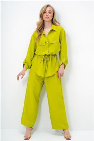 Kadın Yağ Yeşili Çift Cepli Safari Ceket Ve Beli Lastikli Wide Leg Aerobin Pantolonlu Takım YMX8448