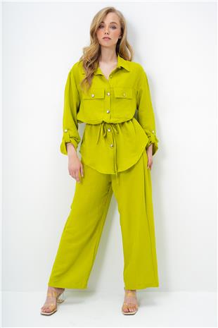 Kadın Yağ Yeşili Çift Cepli Safari Ceket Ve Beli Lastikli Wide Leg Aerobin Pantolonlu Takım YMX8448